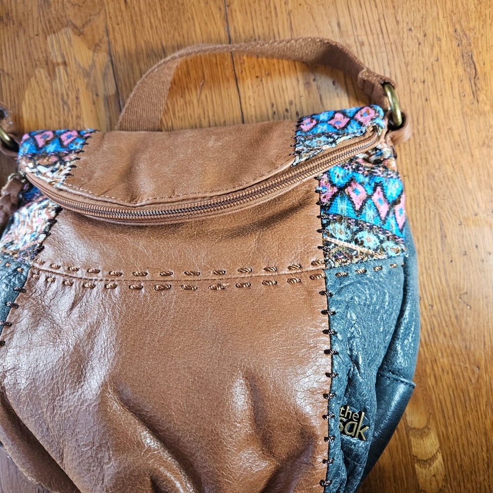 The Sak Leather Crossbody Bag Patchwork Brown Turquoise Sequin Boho Purse - Picture 5 of 14